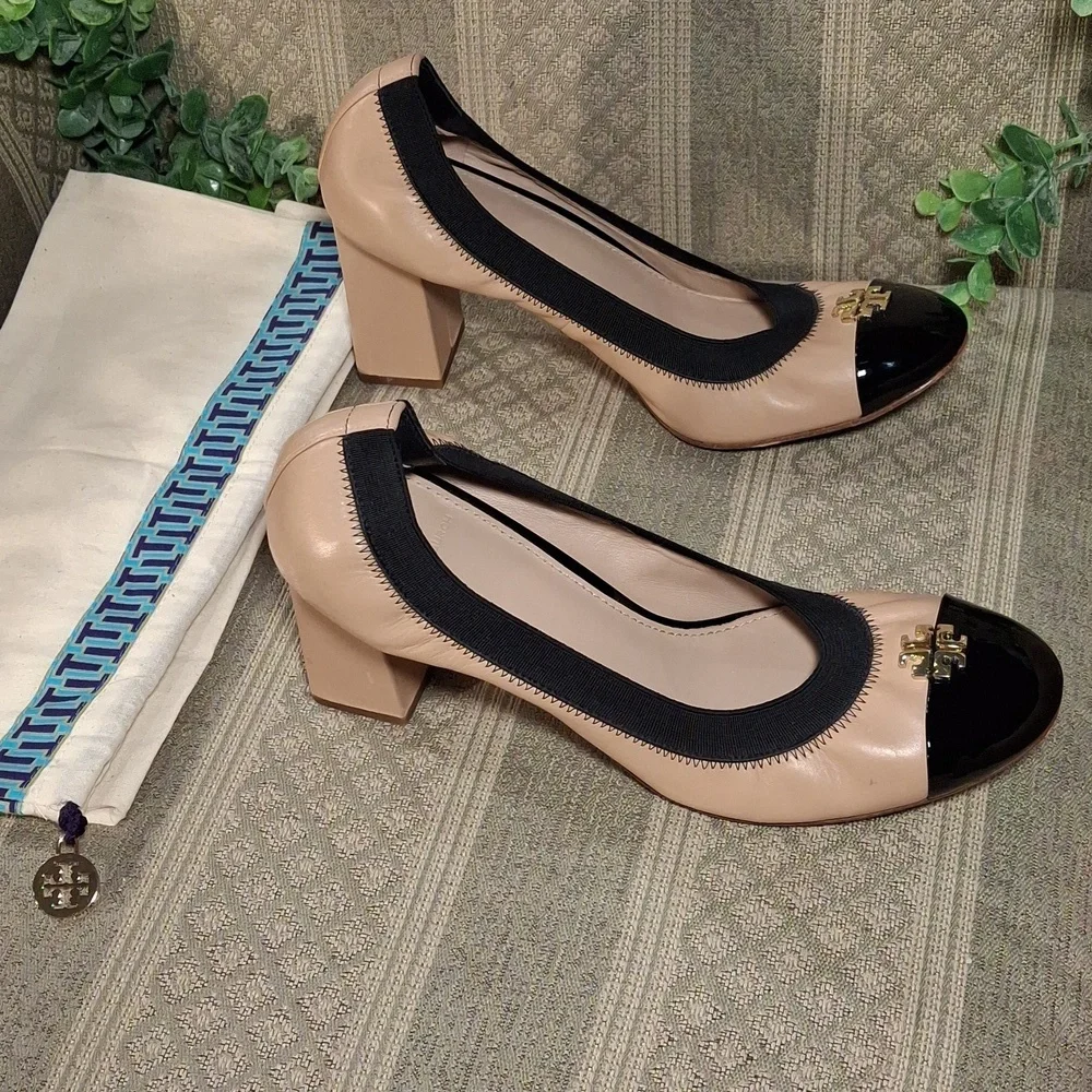 Tory Burch Nude Tan and Black Cap-Toe Leather Pumps